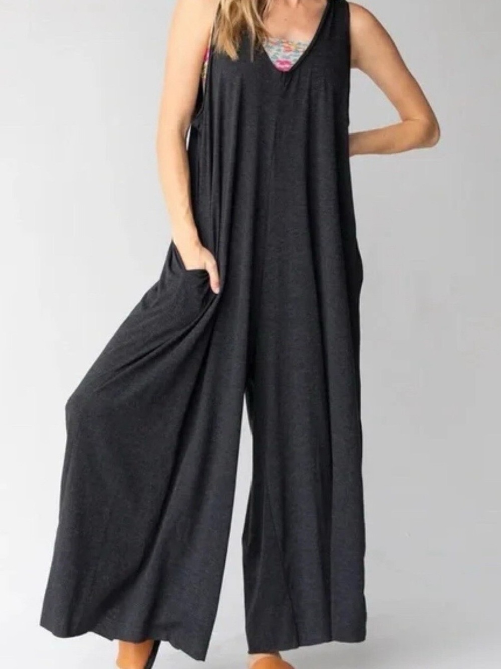 Natural Life Relaxed VNeck Wedeleg Jumpsuit Romper OS Boho Lagenlook